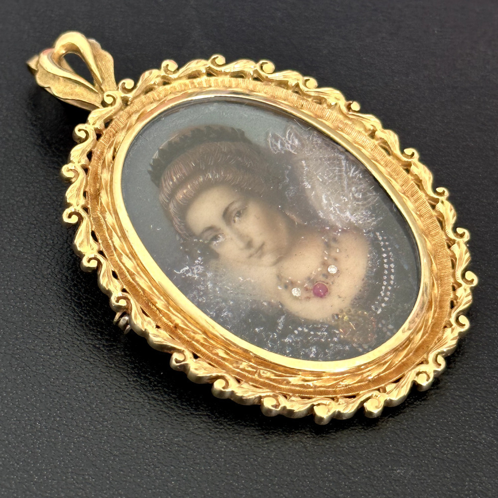 18K 750 Yellow Gold Antique Portrait Floral Scroll Framed Woman Pin Pendant - Picture 2 of 16